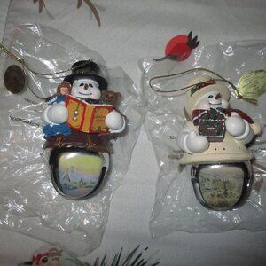 Thomas Kinkade 2 in Set #3 Snow-Bell Holidays Snowman Ornament Collection 3.5"
